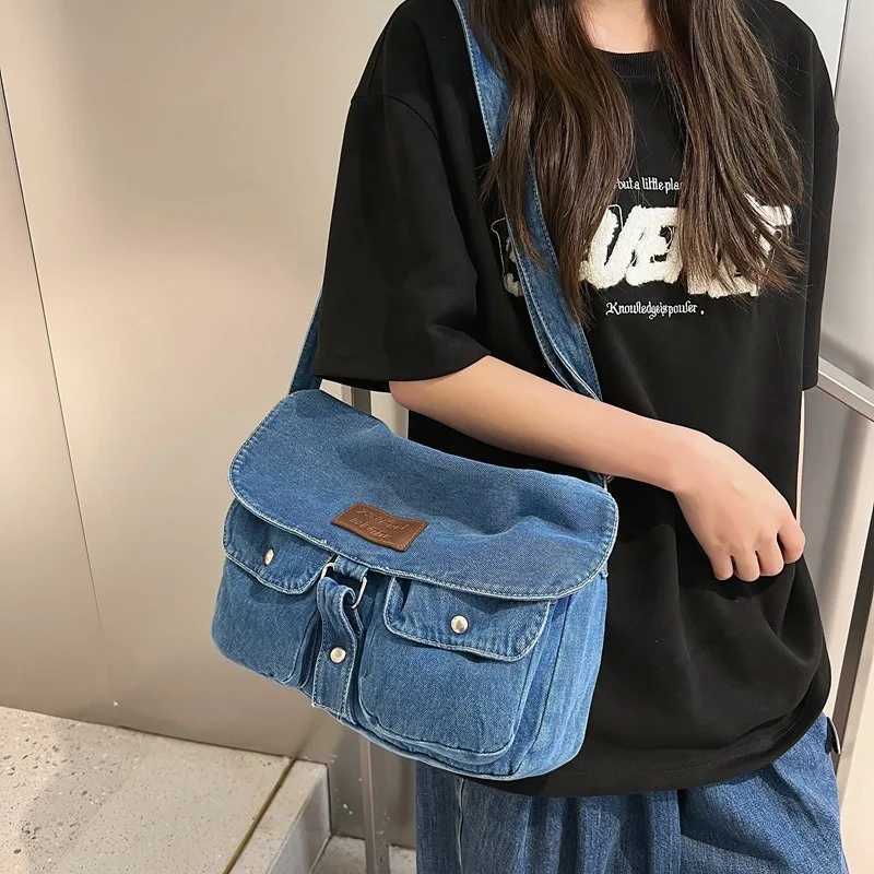 Denim Vintage Shoulder Bags for Women Japanese Fashion College Style Mens Messenger Bag Multi Functional Designer Handbag 240905