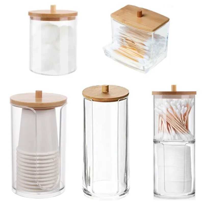 Acrylic Storage Box Bathroom Jar Makeup Organizer Cotton Round Pad Holder Cotton Swab Box Qtip Holder Dispenser with Bamboo Lid Y240906