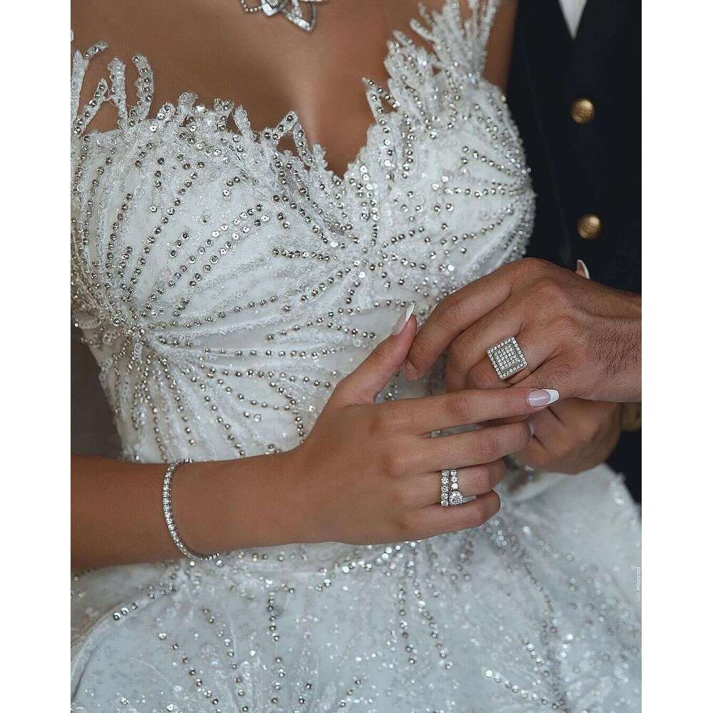 FATAPAESE Wedding Princess Dresses Glitter Beading Illusion Sleeve Sweatheart Sparkly Dress Fluffy Bride Ball Gown