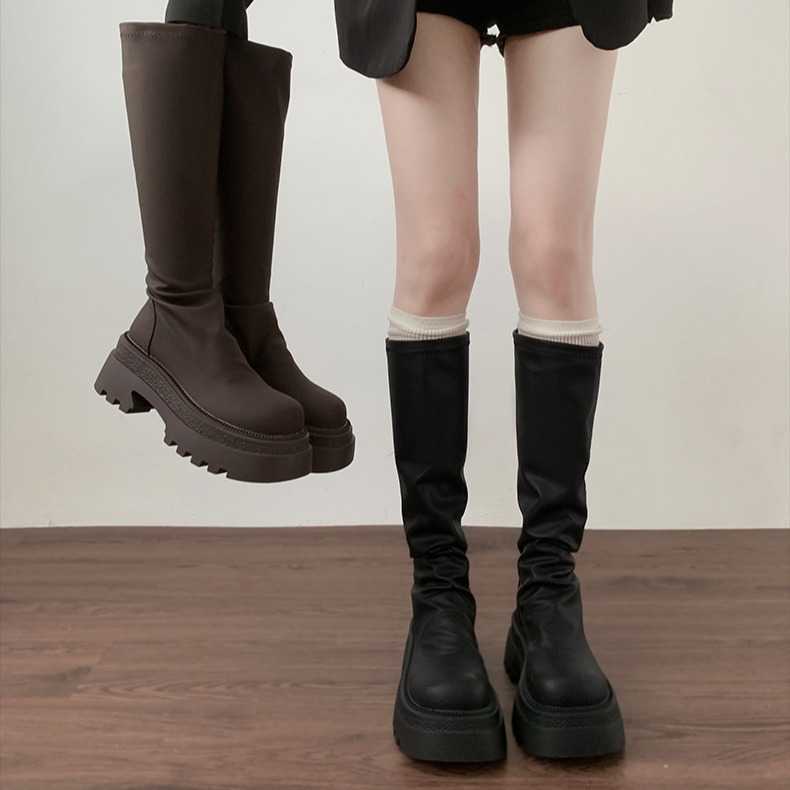 Black French Style Martin Boots Slim And Thick Soled Fashion Boots For Women Autumn High Knight Boots 240826