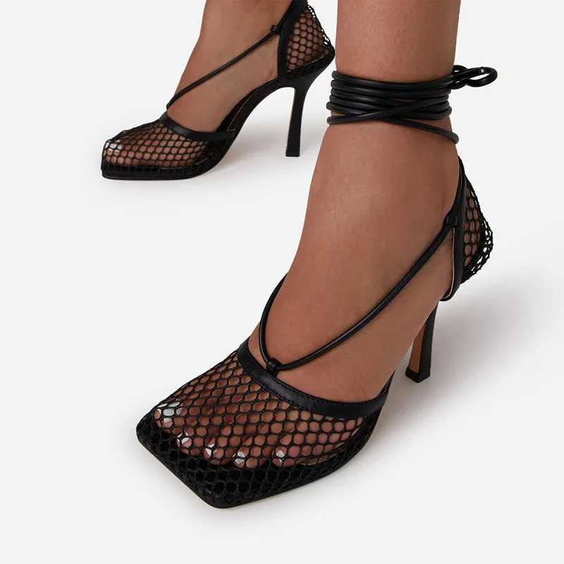 2023 new sexy yellow silk mesh pump sandals womens square toe high-heeled lace cross tie thin high-heeled hollow dress sandals summer sandals CL240905
