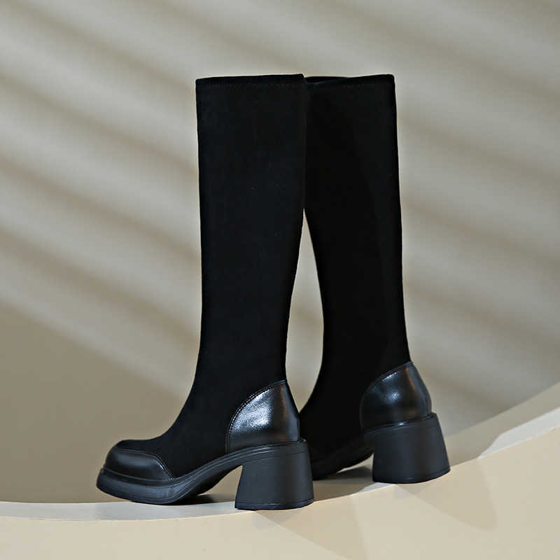 Thick Soled Long Tube Slim Martin Boots For Women Autumn New Style Fashion Boots Thick Heel High Tube Boots Look Slim Suede Elastic Long Tube Boots 24