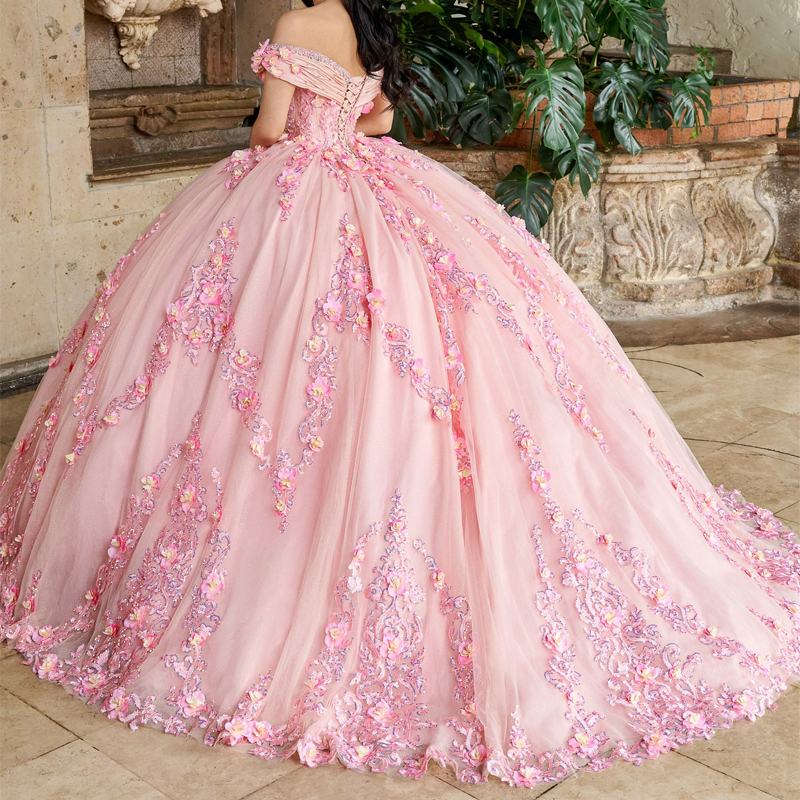 Pink Shiny Quinceanera Dresses Ball Gown Off The Shoulder Lace Applique Beaded Crystal Tull Corset Sweet 16 Dress Vestidos De 15 Anos