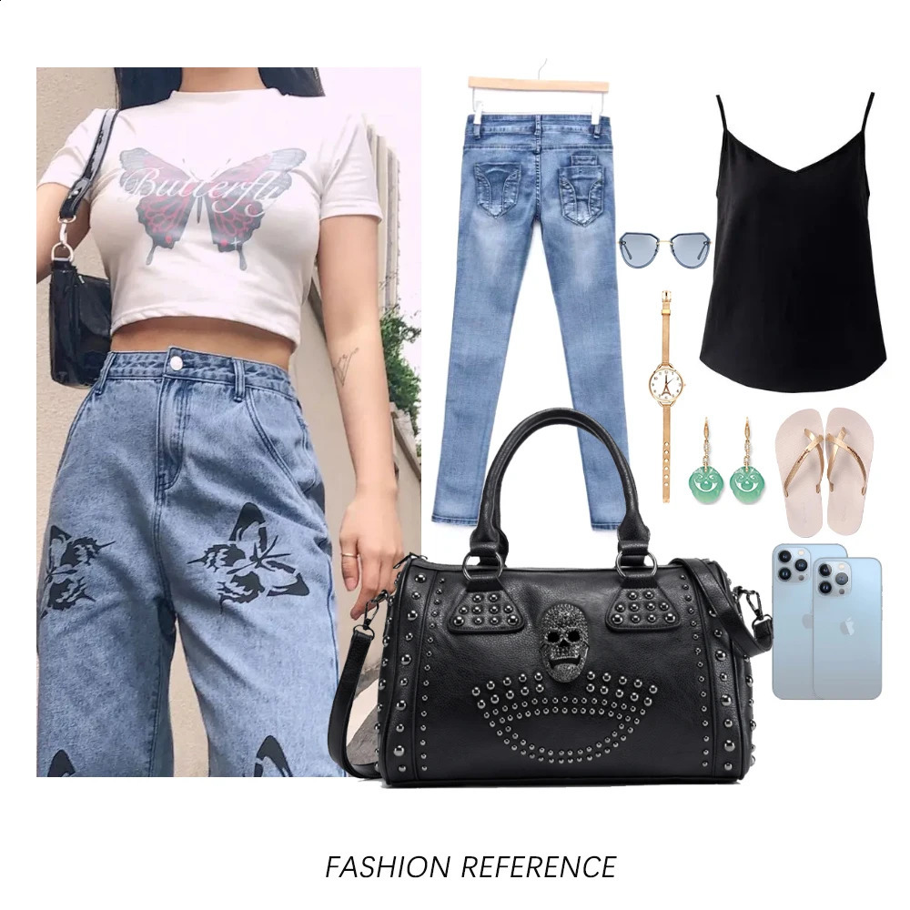 Annmouler Womens Bag Trend Large Capacity Boston Black Skull Handbag y Pu Leather Rivet Ten Font Wallet 240903