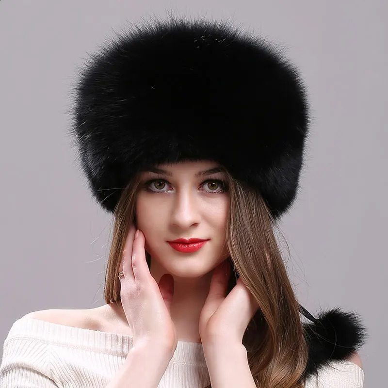 Real Fox Fur Hat for Women with Leather Top Mongolian Princess Hat with Pompom Winter Warm beanie Russian Cap Bonnets for Women 240828