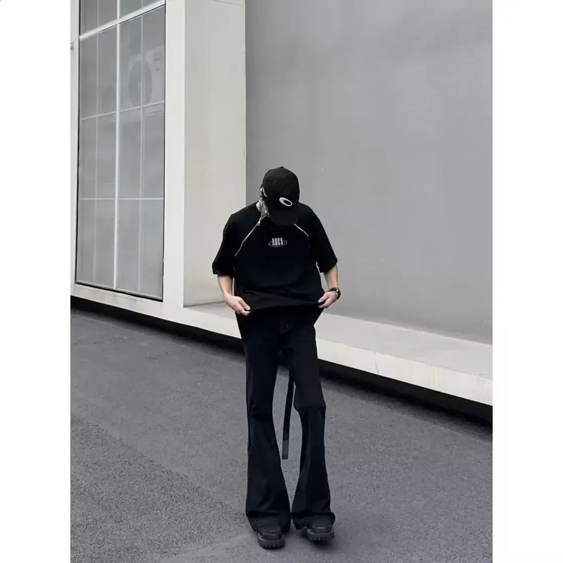 Autumn High Street Style American Style Elastic Waist Micro Flared Jeans Men Nichedull Black Floor Length Trouser 240905