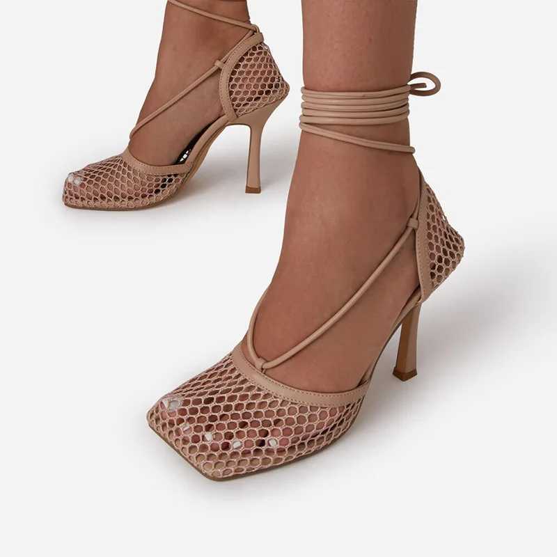 2023 new sexy yellow silk mesh pump sandals womens square toe high-heeled lace cross tie thin high-heeled hollow dress sandals summer sandals CL240905