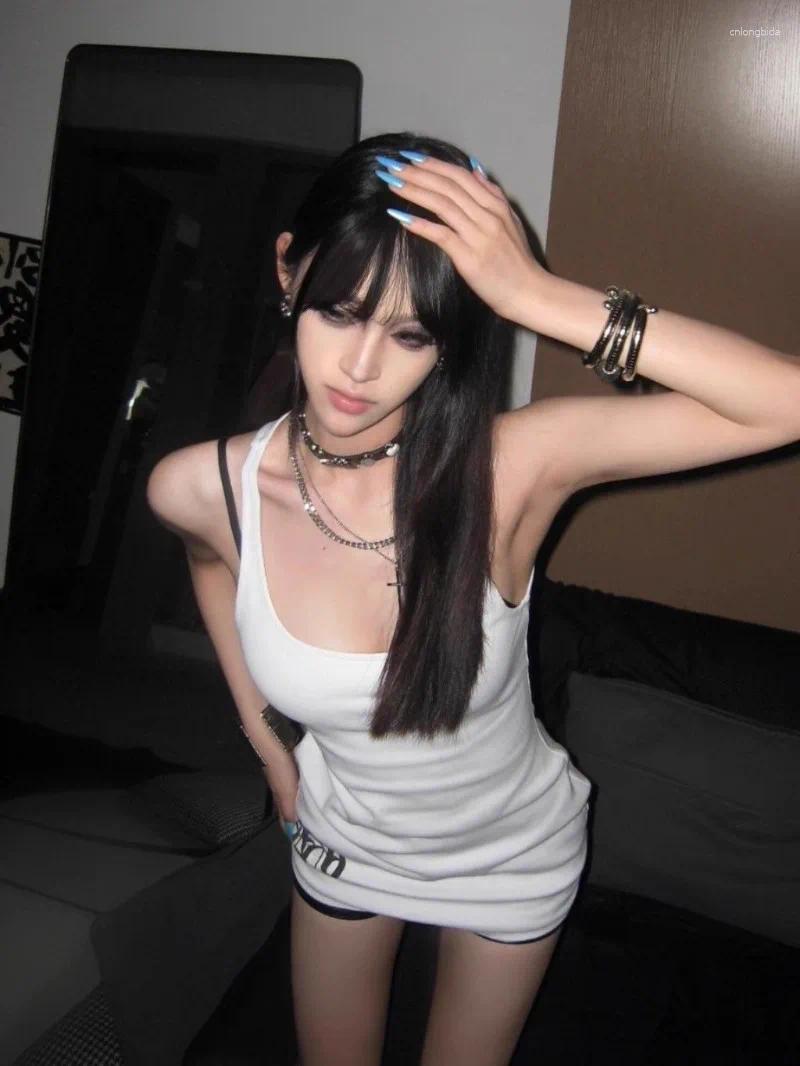 Womens Tanks American Cross Print White Women Camis Y2k Mid Length Slim Waist Bottoming Vintage High Street Tops Sleeveless Grunge