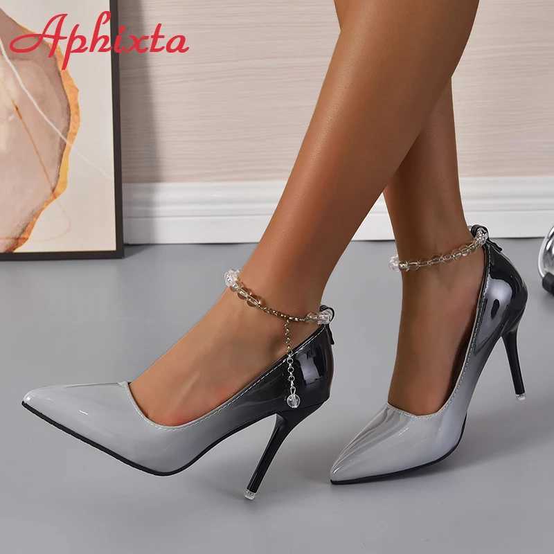High Quality Aphixta 10cm High Heels Gradient Transparent Bead Chain Pump Womens Shoes Patent Leather Ankle Strap Super Large 50 T241024