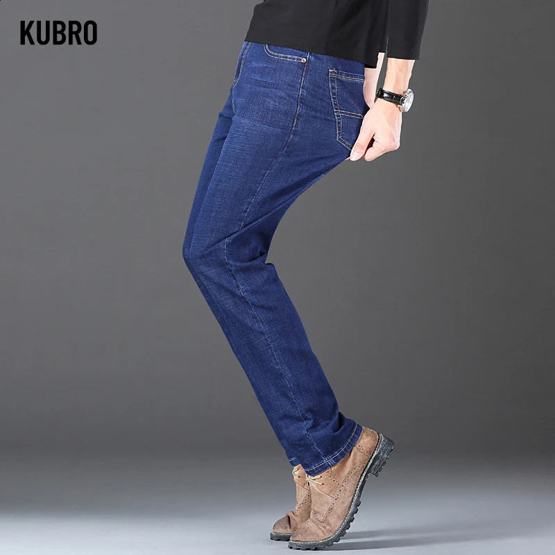 KUBRO mens thick winter pants straight blue jeans pockets casual work denim high elasticity wide leg selling 240905