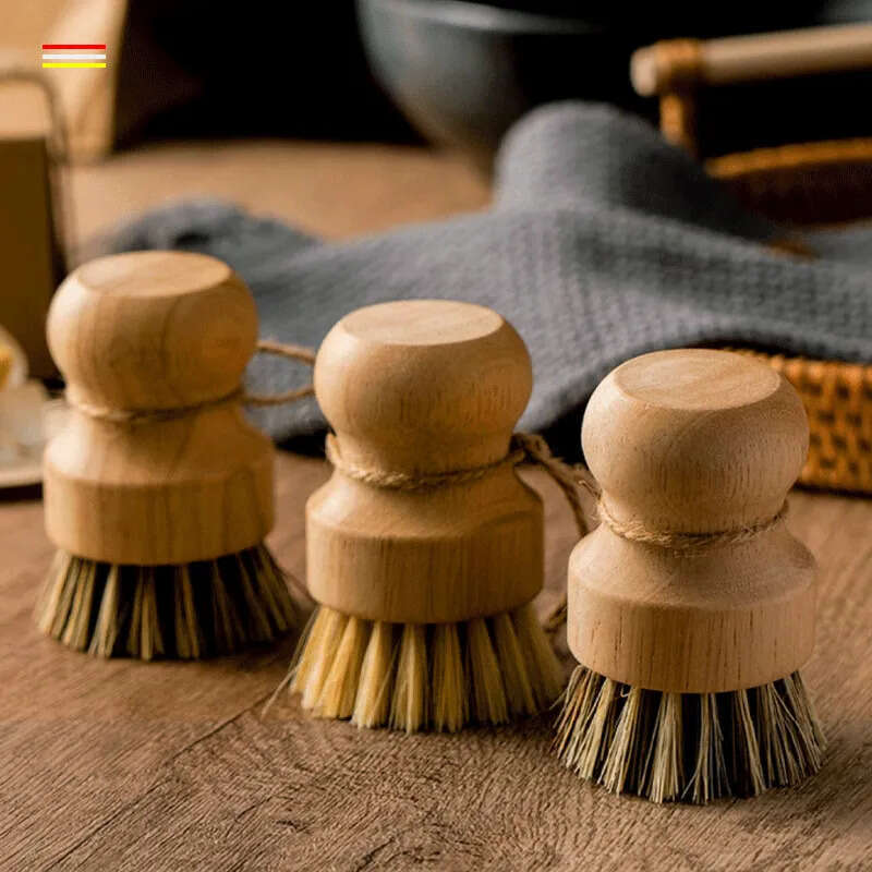 Dish Round Handle Pot Wood Brush Household Sisal Palm Bamboo Kitchen Chores Rub Cleaning Brushes es