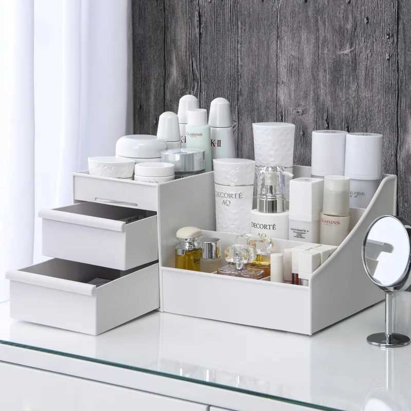 1pc White New Drawer Makeup Storage Box Dormitory Finishing Plastic Shelf Cosmetics Skin Care Dressing Table Desktop Y240906