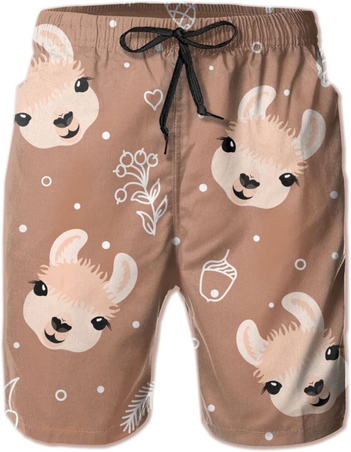 Mens Shorts 3D Printed Pattern Cute Alpaca Swim Trunks Quick Dry Stylish Beach Board Swimwear