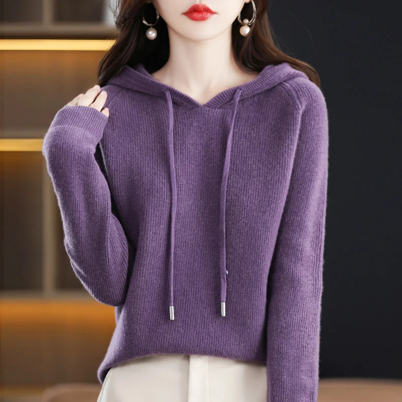 High quality cashmere hooded sweater for women loose knitted thick 240905