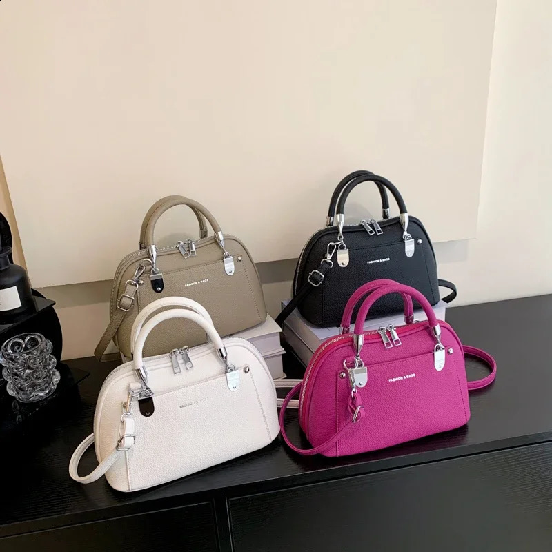 Lightweight y Litchi pattern solid PU sewing handbag highquality fashionable metal plate decoration womens shoulder bag 240903