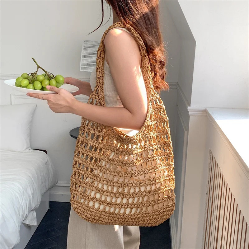 Summer Women Beach Tote Handbags Rattan Crochet Shoulder Bag Casual Commute Vintage Straw Woven 240905
