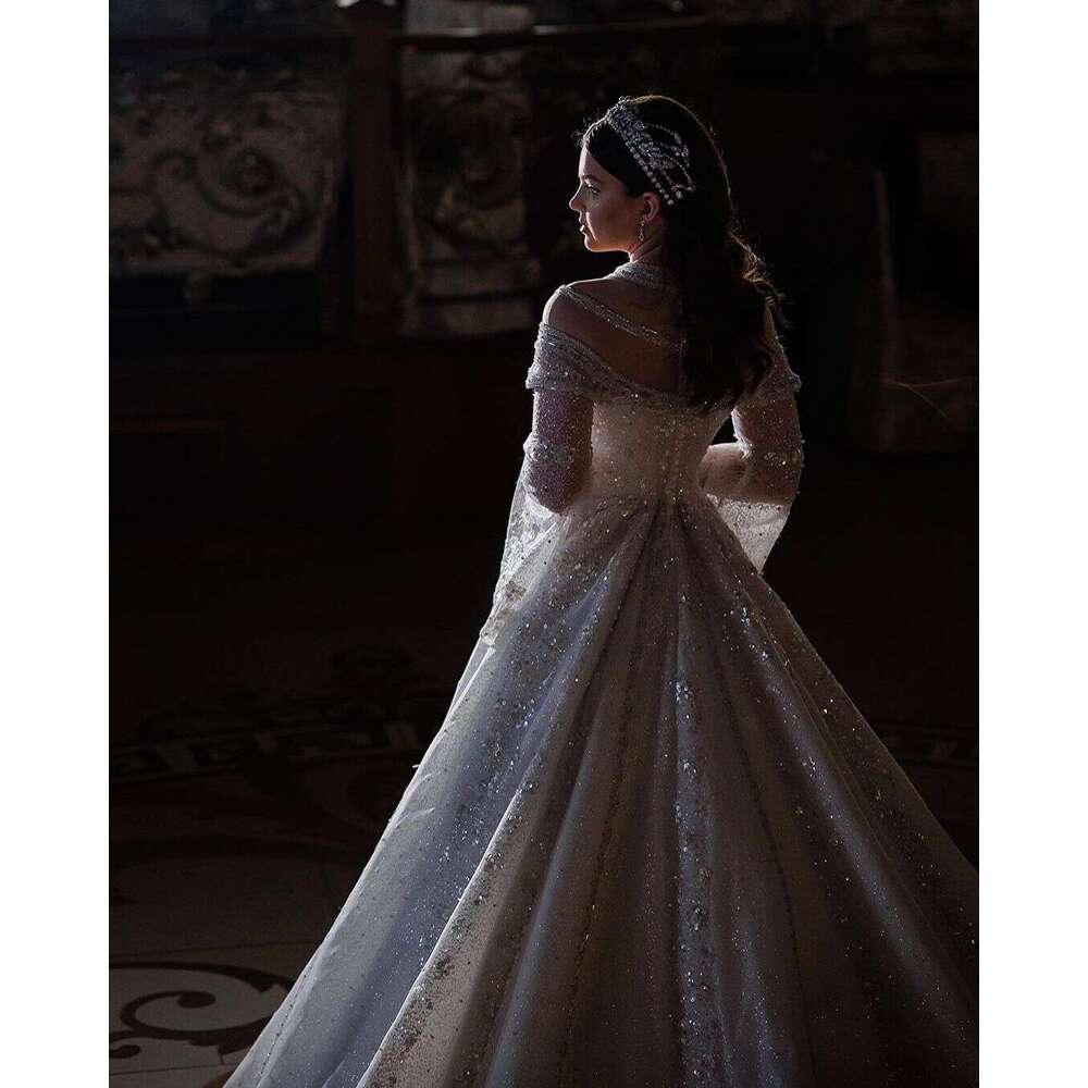 FATAPAESE Wedding Dress Princess Gown Beading Crystal Stons Illusion Flare Sleeve with Cape V-Neck Fluffy Skirt Bride