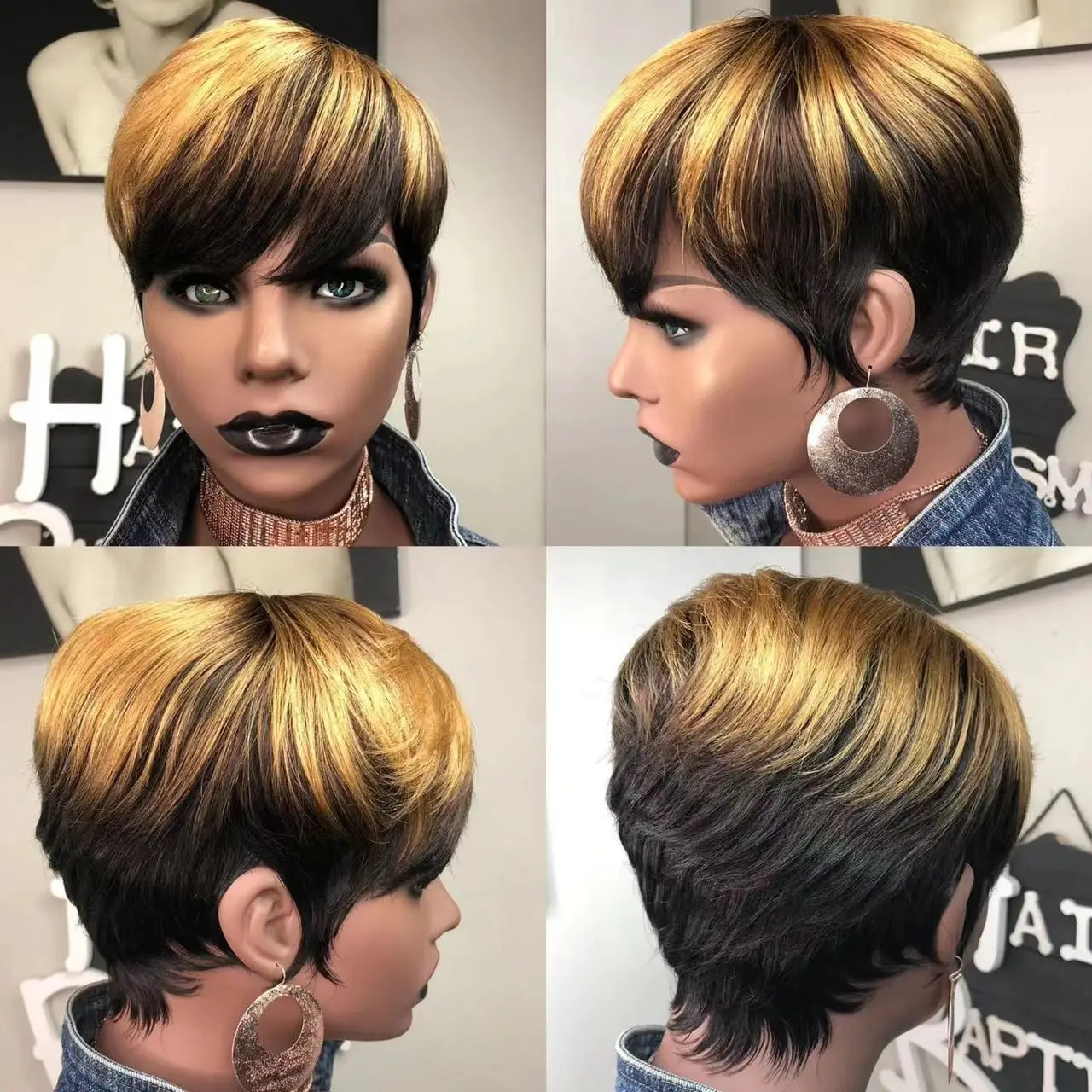 Ombre Color Pixie Cut Wig Full Machine Made Human Hair Wigs Pre Plucked Short Cut Bob Wigs Brazilian Remy Honey Blonde Wig 1B/27 240826