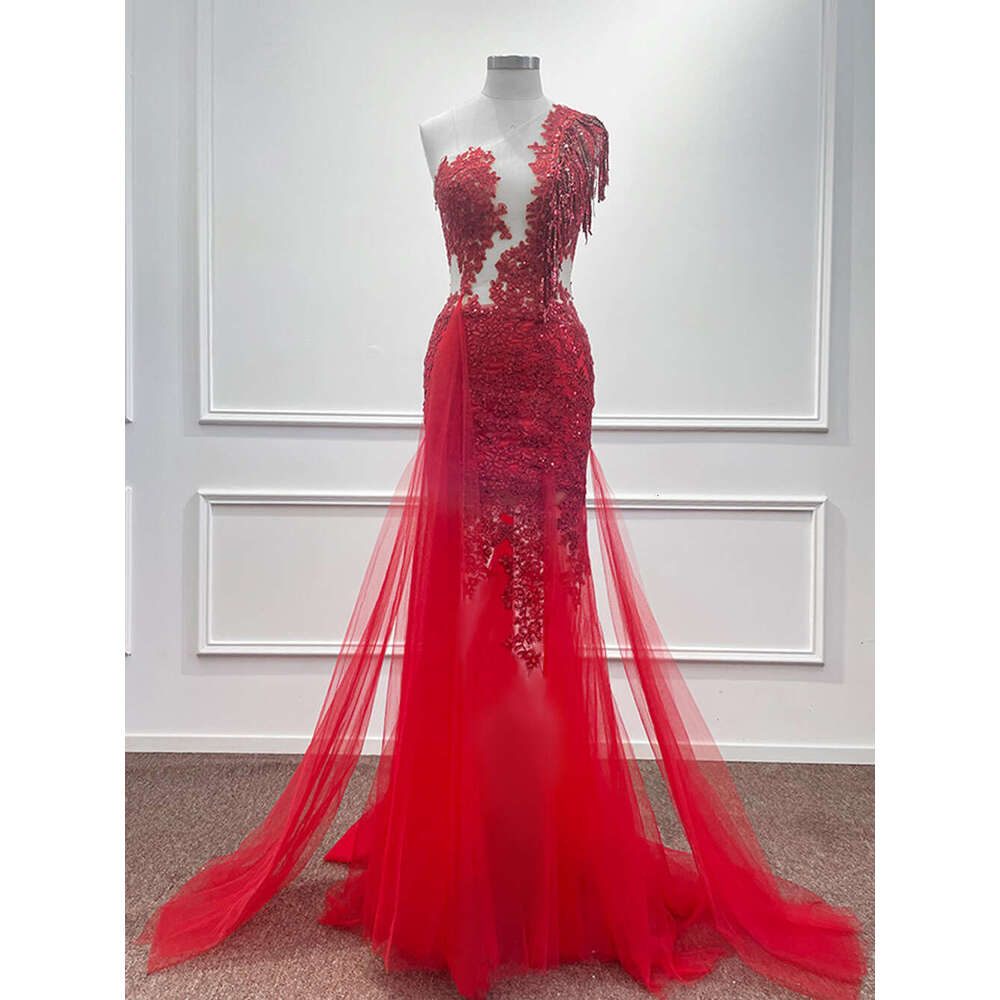 Red Charming Lace Evening Dreses One Shoulder Beading Sequined Mermaid Long Formal Prom Party Gowns Women Vestido De Fiesta