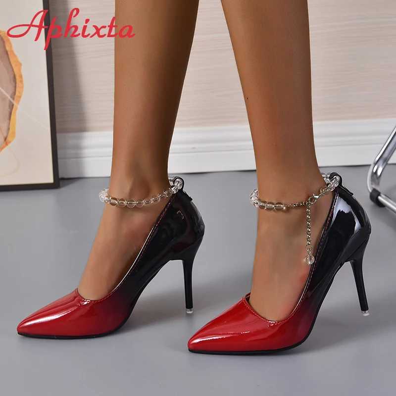 High Quality Aphixta 10cm High Heels Gradient Transparent Bead Chain Pump Womens Shoes Patent Leather Ankle Strap Super Large 50 T241024