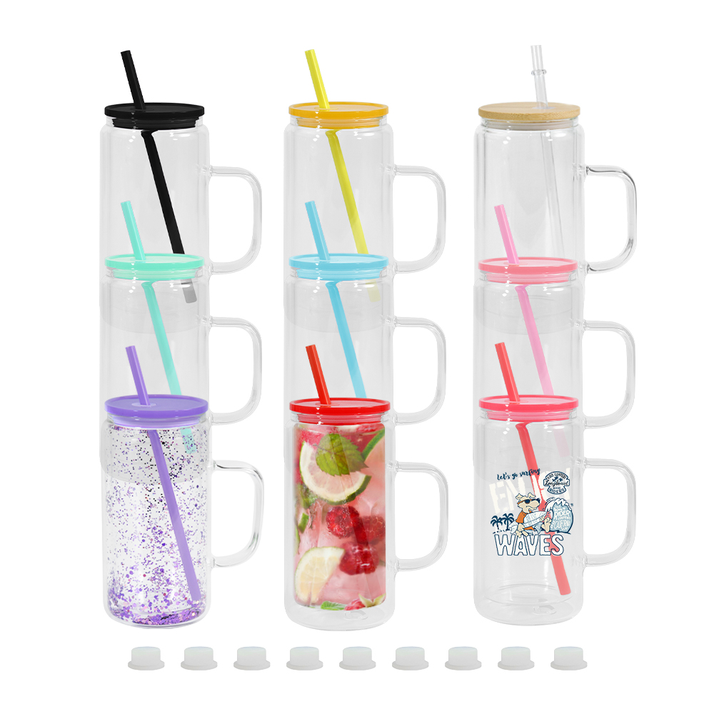 12oz snow globe sublimation glass mug tumbler with handle colored plastic lid blank sub car cup 650ml glass tea coffee beer mug beverage drinking tumb