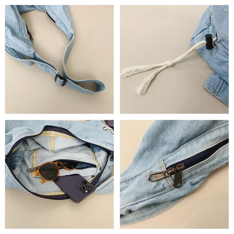 Totes Large Denim Women's Bag Canvas Shoulder Drawstring Messenger Y2K Eco Shopper Korean Satchel Pocket Jeans Handbag