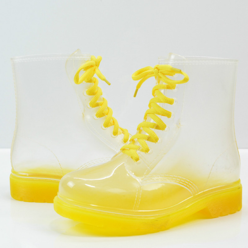 Ankle Rain Boots Platform Lace Up Transparent Waterproof Rain Shoes Motorcycle Candy Colors Rainboots Fashion Woman Shoes
