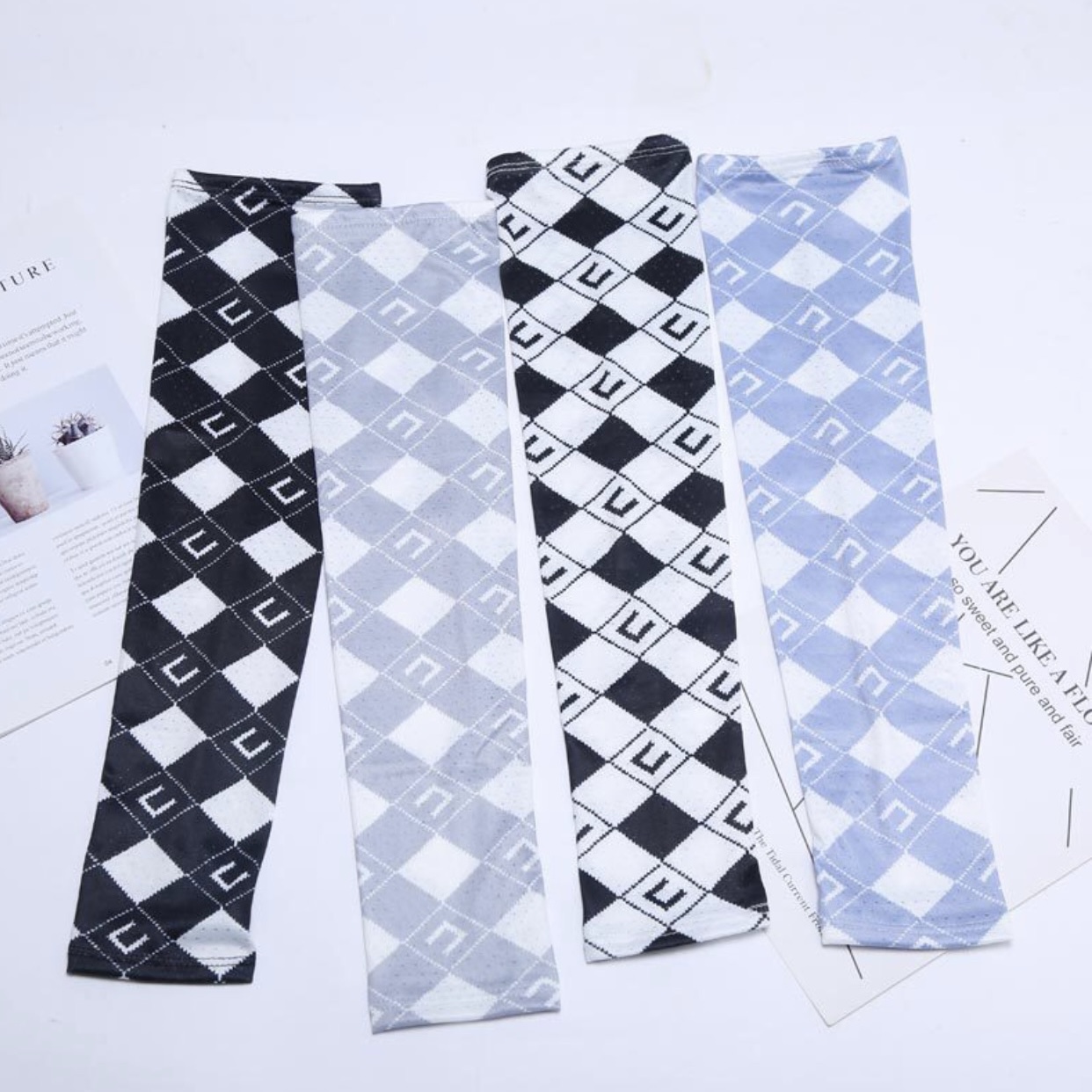 New ice silk sunscreen sleeve checkerboard letters trend cycling sports arm protection hand sleeve men and women