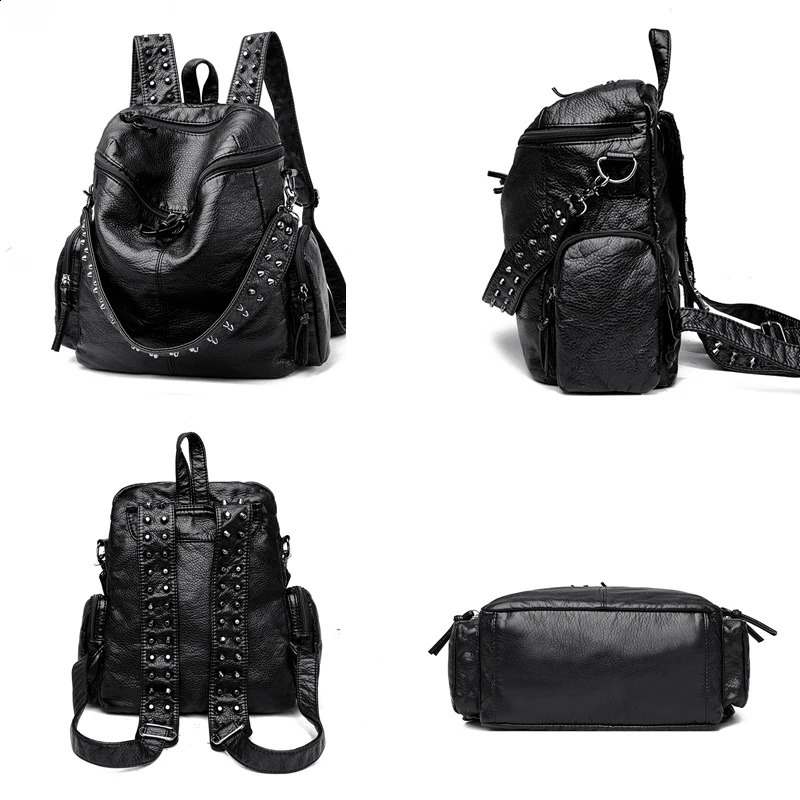 Real leather womens backpack large capacity travel fashion rivet school bag Mochilas Mujer Rucksack 240903