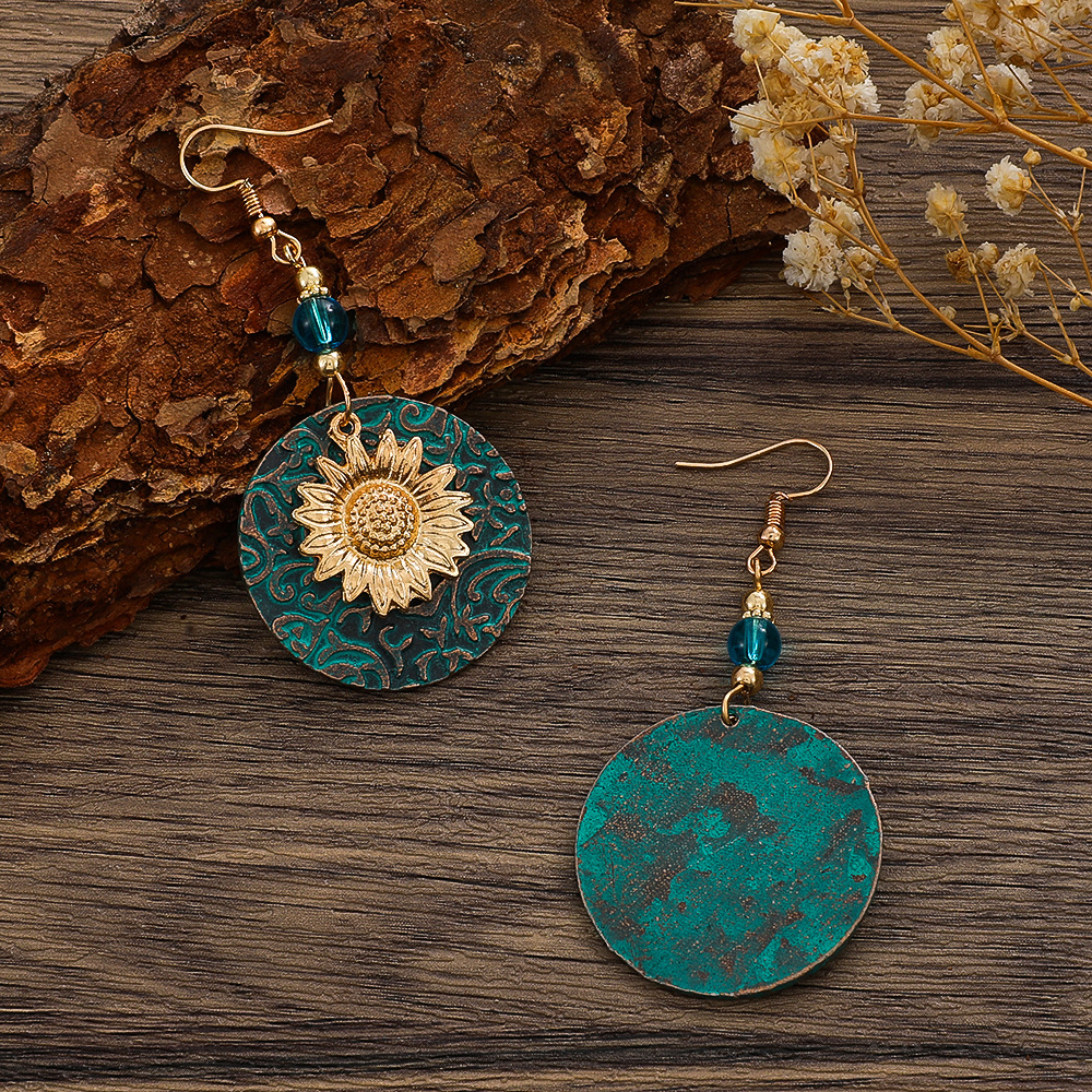 Elegant Two-Tone Sunflower Embroidery Dangly Earrings - Retro Bohemian Chic Accessory
