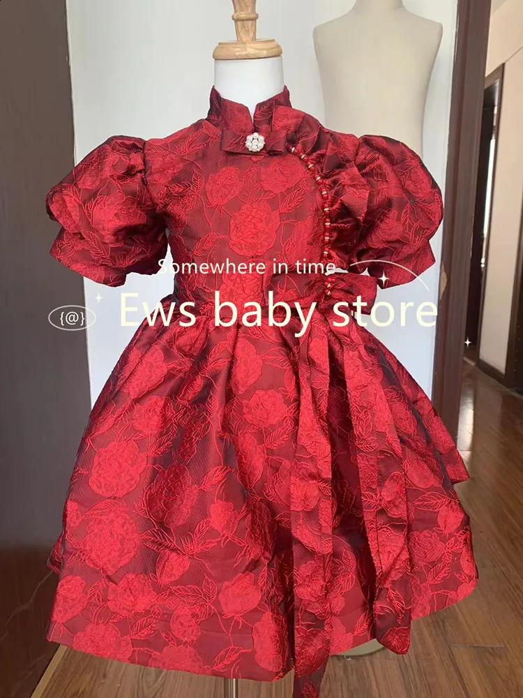 Childrens Evening Dress Bow Spanish Retro Girl Birthday Baptist Party Eid al Fitr Red Dress R250424