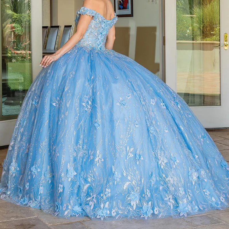 Mexican Sky Blue 2025 Quinceanera Dresses Applique Sweet 16 3D Flower Ball Gown Sequin Applique Beaded Corset Vestidos De 15 Anos