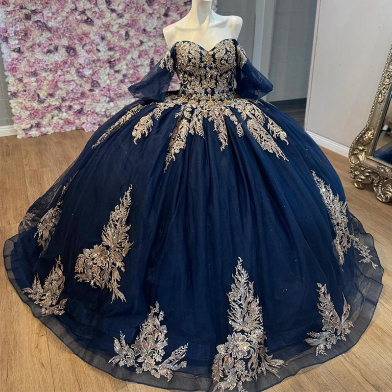 Navy Blue Shiny Quinceanera Dress Ball Gown Off Shoulder Gold Lace Applique Beading Bow Corset Sweet 16 Dress Vestidos De 15