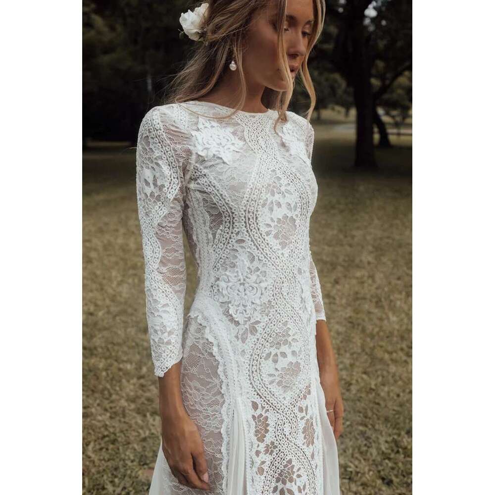 Lace Boho Wedding Dress With Sleeves Elegant Bateau Neck Embroidery Low Sexy V Back Bohemian Bridal Gown