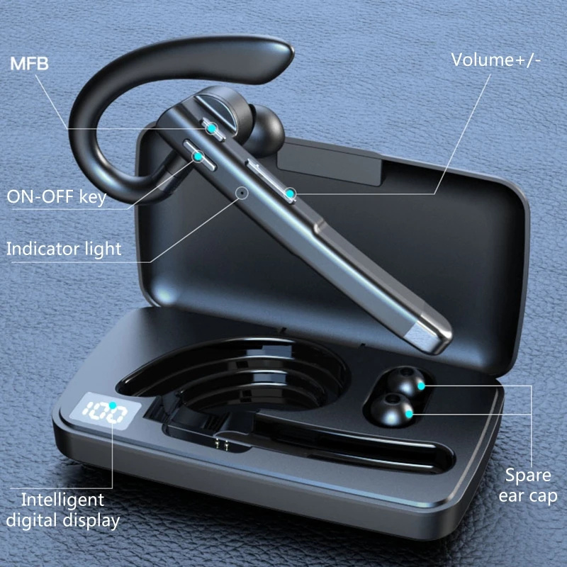 Headset Noise Cancelling Sports Bluetooth Earphone Waterproof Digital Display Headphones Single Ear Earbuds Over-Ear Compatible with Type-C Phones