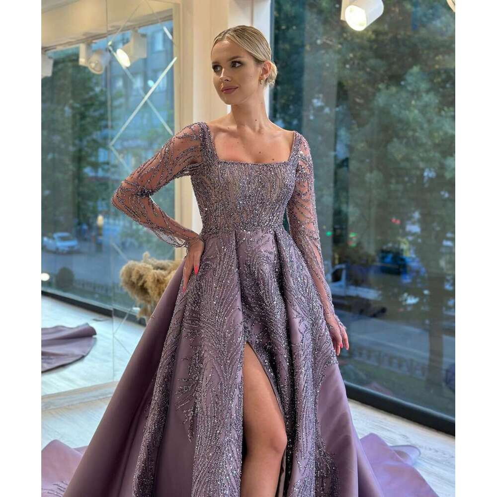 Purple Square Neck Wedding Dress Long Sleeves Backless Split Side Sweep Train Vintage Bridal Gown 0227Lz