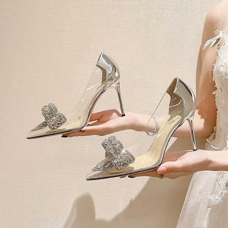 High Quality Sexy Transparent Wpmens Pump Rhine Bow Pointed Toe Pump Wedding High Heels Spring/Summer Shoes T241024