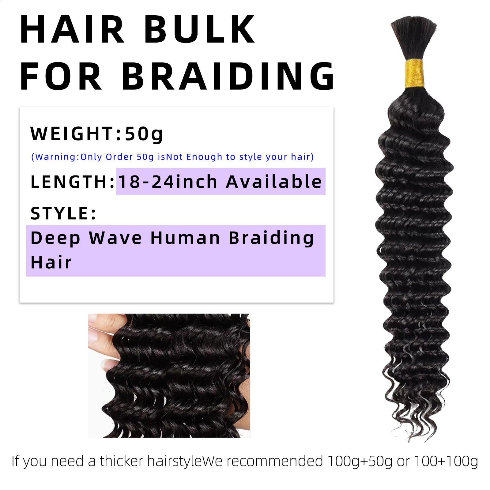 Braiding Hair Deep Wave Bulk Human Hair for Braiding No Weft Bundle 100g 2 BundlesPack 16A Brazilian Virgin Water Curly 20 Inch 240829