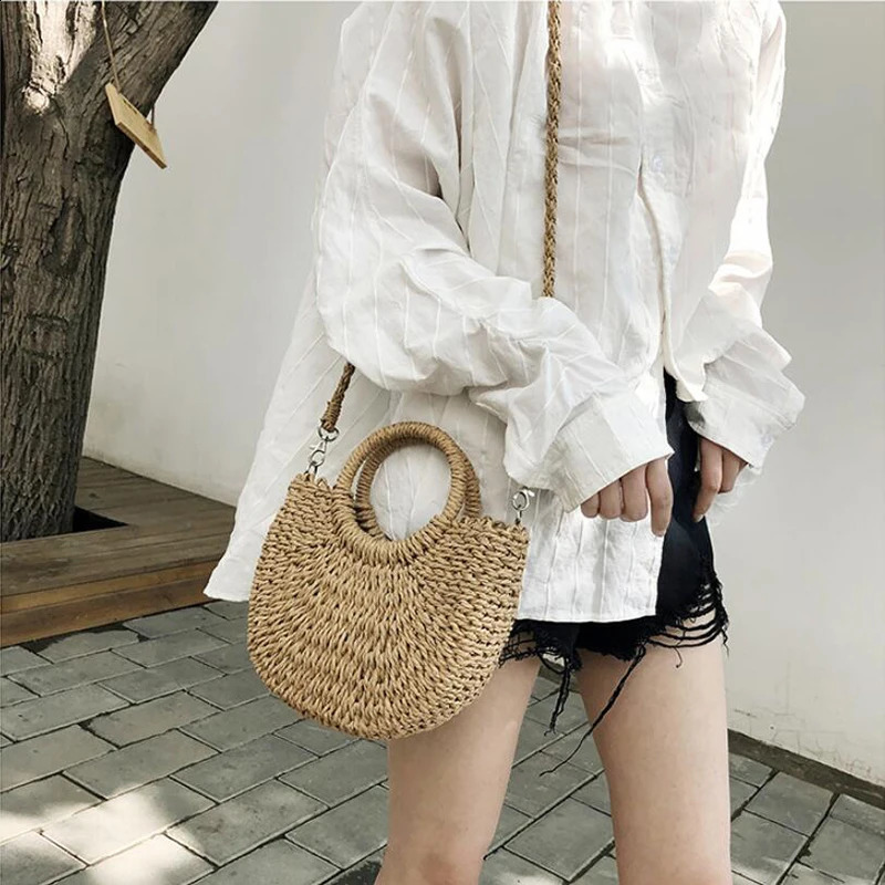 Summer Simple Handheld Straw Woven Bag Womens Personalized Solid Color Half Round Shoulder Crossbody Travel Vacation 240905