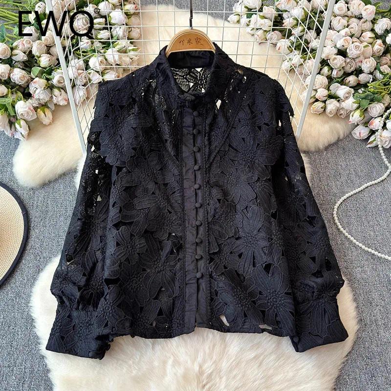 Lace Hollow Out Blouses For Women - Fashionable Solid Color Stand Collar Long Sleeve Tops