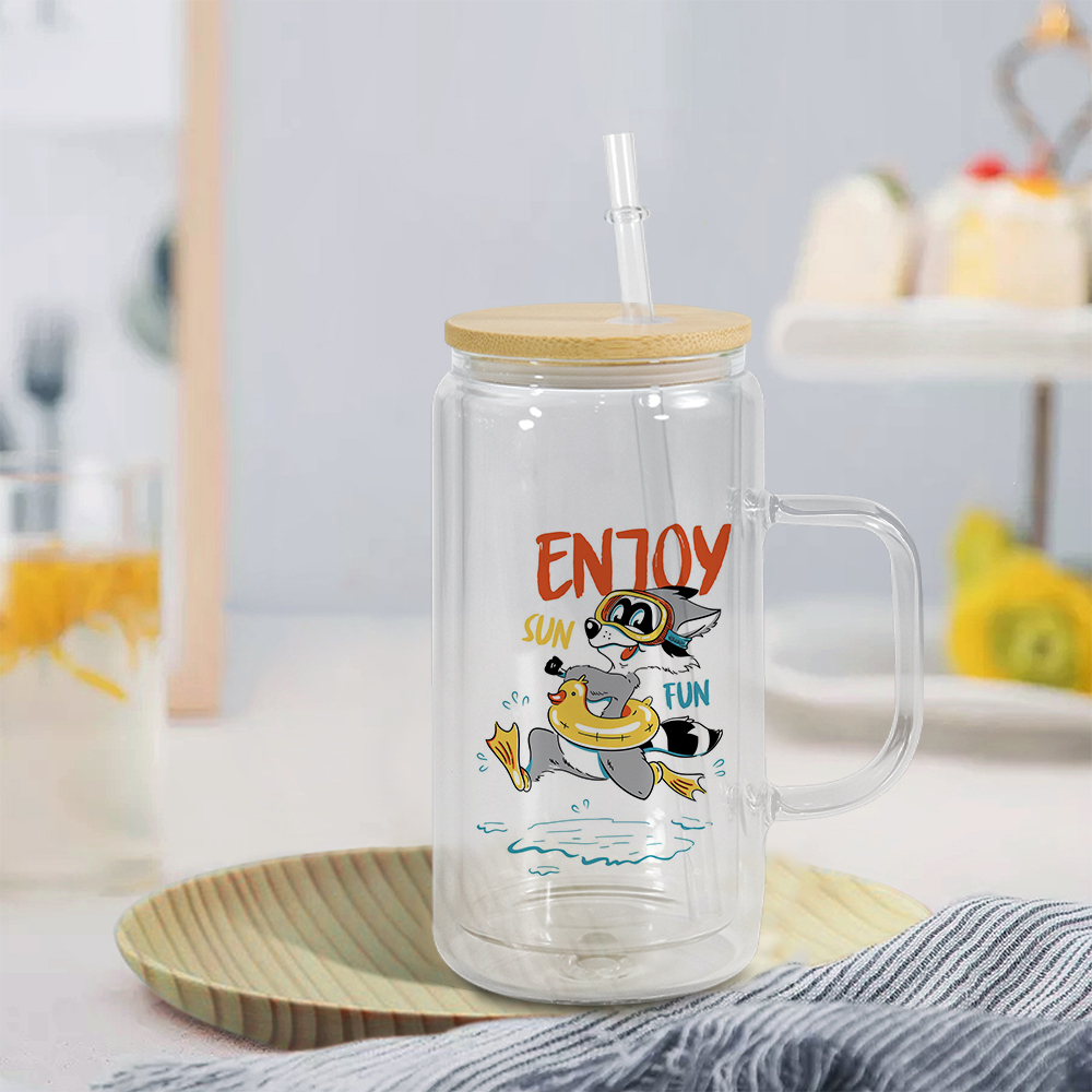 12oz snow globe sublimation glass mug tumbler with handle colored plastic lid blank sub car cup 650ml glass tea coffee beer mug beverage drinking tumb