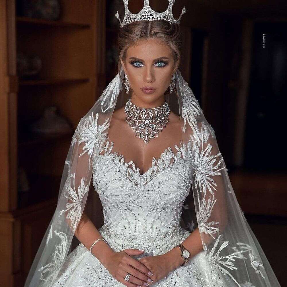 FATAPAESE Wedding Princess Dresses Glitter Beading Illusion Sleeve Sweatheart Sparkly Dress Fluffy Bride Ball Gown