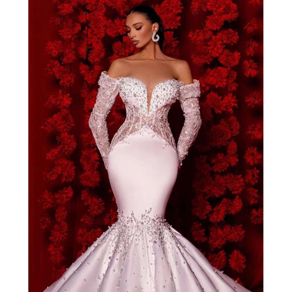 Elegant Sweetheart Formal Dresses For Bride Long Sleeves Mermaid Sweep Train Lace Appliques Bridal Gowns Custom Robe De