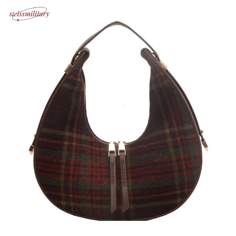 Swissmilitary Niche Design Women's Autumn/Winter 2024 New Fashion Plaid Handheld Shoulder Premium Woolen Crescent Bag #26