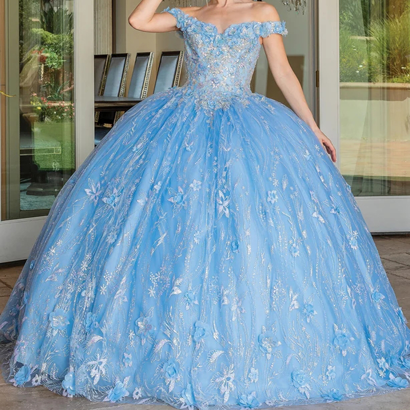 Mexican Sky Blue 2025 Quinceanera Dresses Applique Sweet 16 3D Flower Ball Gown Sequin Applique Beaded Corset Vestidos De 15 Anos