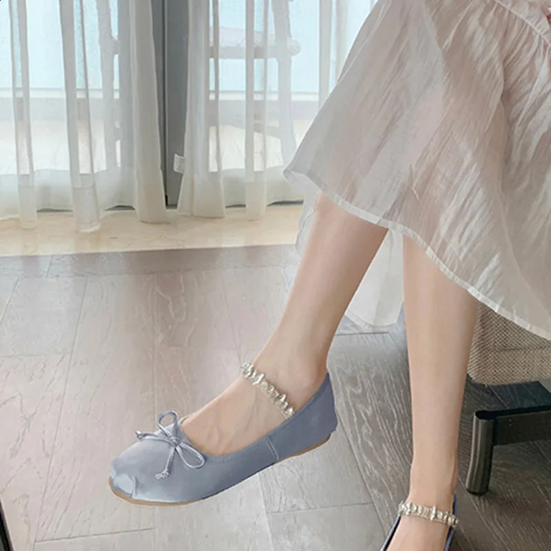 crystal band mary janes shoes woman bowtie silk ballet flats sweet pink dress shoes female rhinestone ankle strap loafers size43 240903