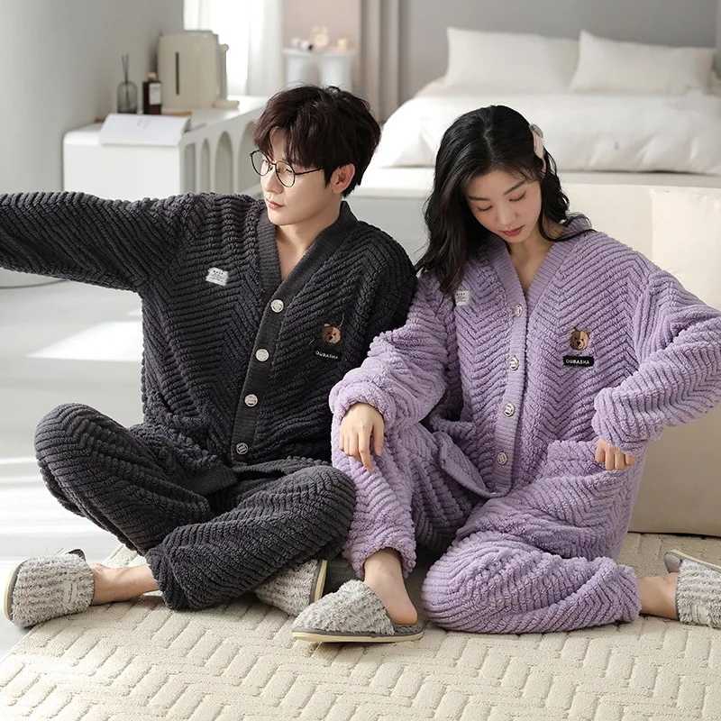 Couples Pajamas Sets Women Men Winter Flannel Thicken Pyjamas Sleepwear Cartoon Korean 2 Piece Homewear Soft Warm Pijama M240905