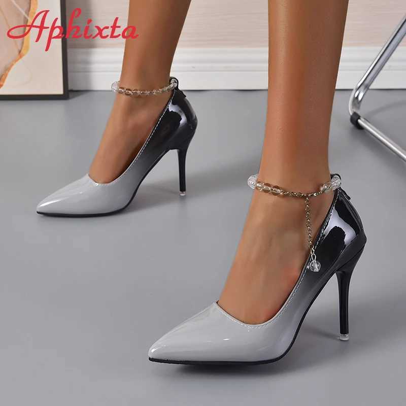 High Quality Aphixta 10cm High Heels Gradient Transparent Bead Chain Pump Womens Shoes Patent Leather Ankle Strap Super Large 50 T241024