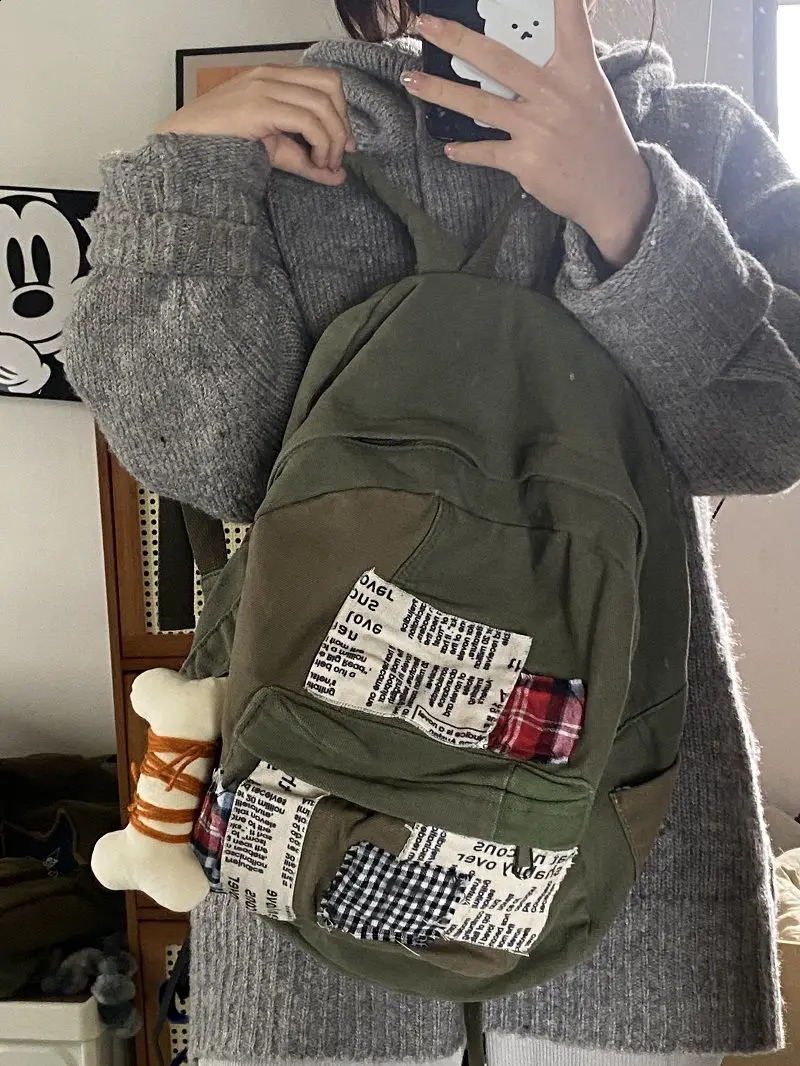 JIAERDI Y2k Grunge Green Backpack Womens Harajuku Patchwork Canvas School Retro Leisure Mochila Aesthetics 240903