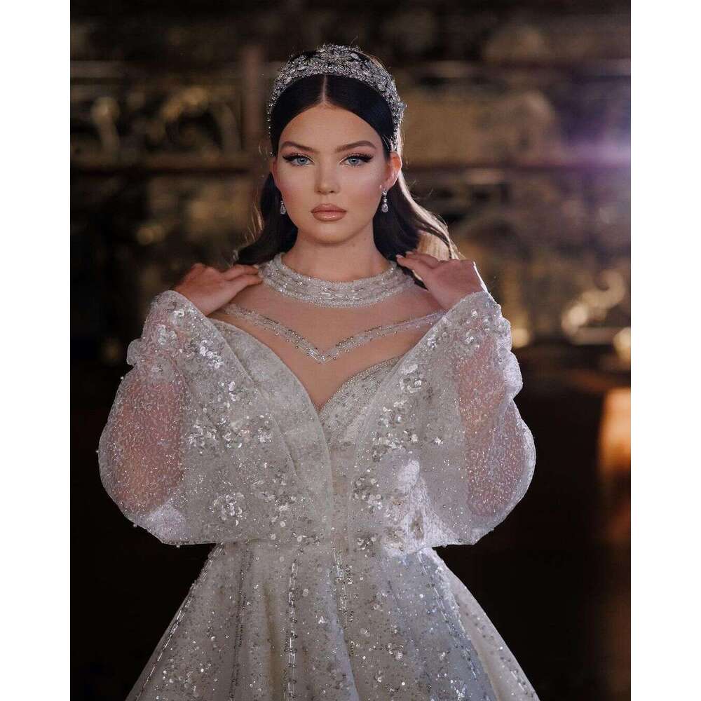 FATAPAESE Wedding Dress Princess Gown Beading Crystal Stons Illusion Flare Sleeve with Cape V-Neck Fluffy Skirt Bride